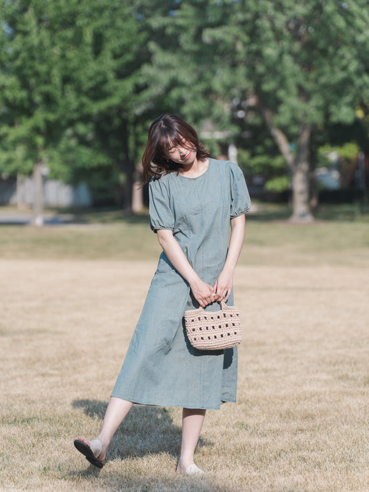 BLUE EAST Casual Dress Long Dress Short Sleeve Puff Sleeve Denim