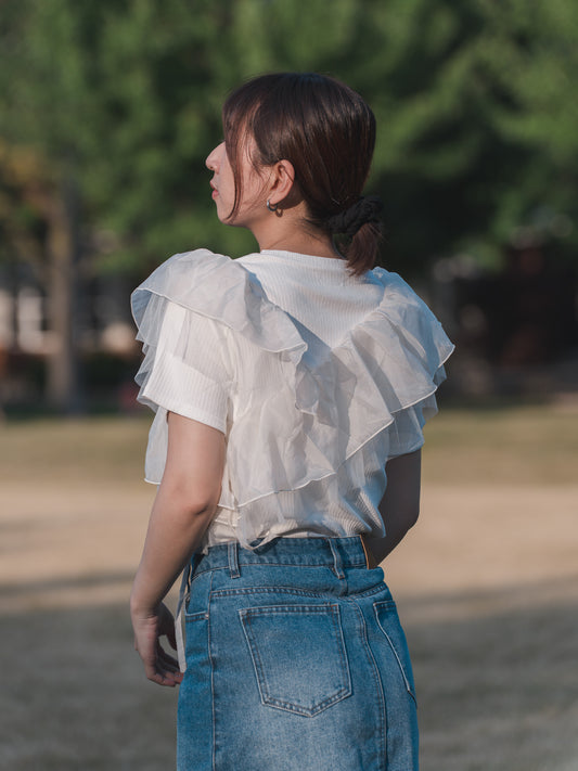 Bab T-shirt Asymmetrical Ruffle Docking Cut-and-sew
