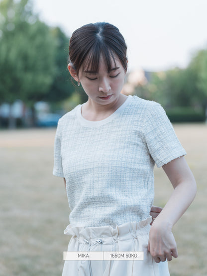 BLUE EAST T-Shirt Tweed Short Sleeve Cut-and-sew